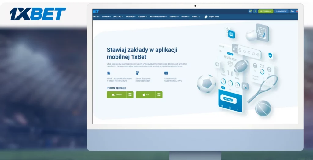 1xBET mobile app page with options to download for Android and iOS, showcasing features for live sports betting