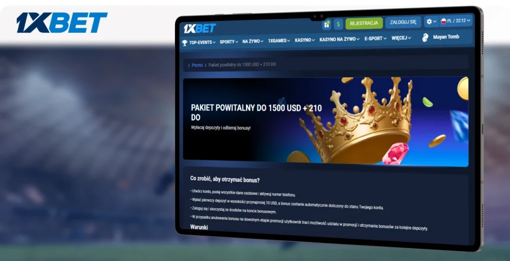 Strona bonusu powitalnego 1xBET z ofertą do 1500 USD i 210 darmowych spinów dla nowych użytkowników