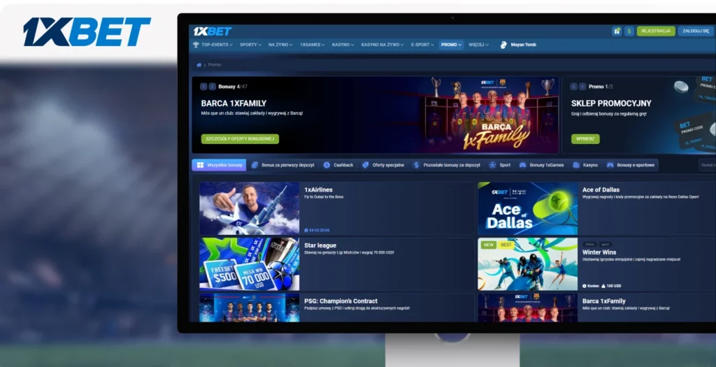 Strona promocji 1xBET z bonusami, takimi jak Barca 1xFamily i 1xAirlines