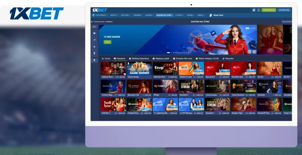 Zakłady na gry kasynowe na żywo 1xBET z grami, takimi jak 1x Red Baron i Roulette