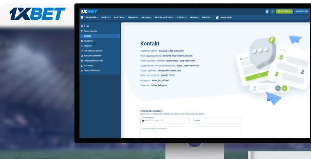 Strona kontaktowa 1xBet z danymi do obsługi klienta, w tym email i numer telefonu