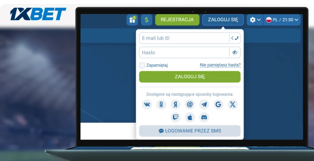 Strona logowania 1xBet z opcjami logowania przez email, ID, media społecznościowe lub SMS