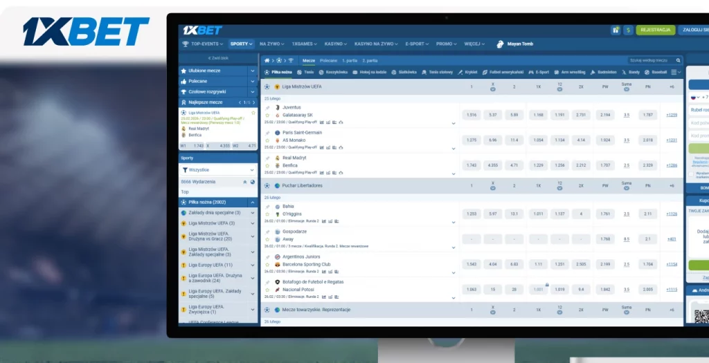 Zakłady na piłkę nożną 1xBET z kursami na mecze Ligi Mistrzów i inne turnieje