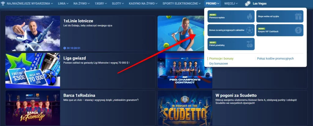 Strona promocji i bonusów 1xBet