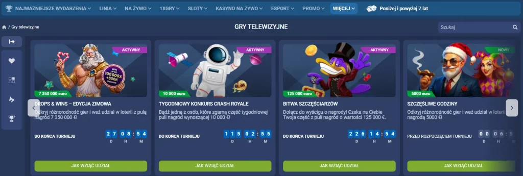 Sekcja gier telewizyjnych na stronie bukmachera 1XBet