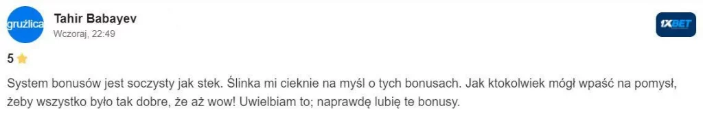 Pozytywna opinia klientów na temat systemu bonusowego 1xBet