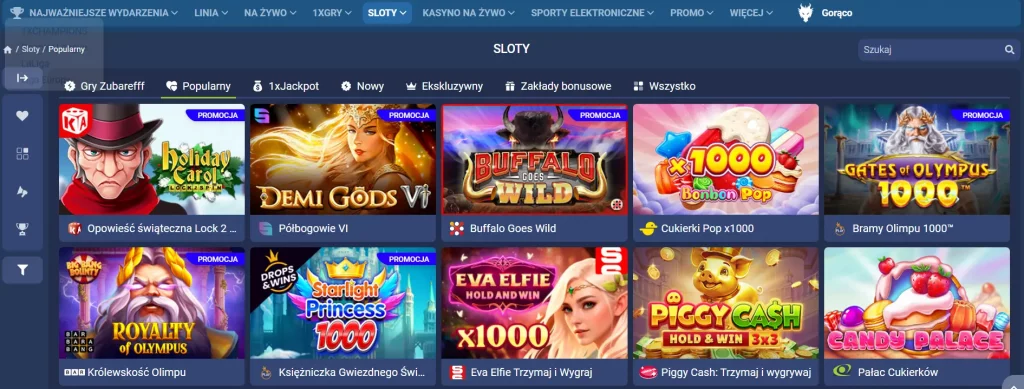 Strona ze slotami na stronie internetowej 1XBet